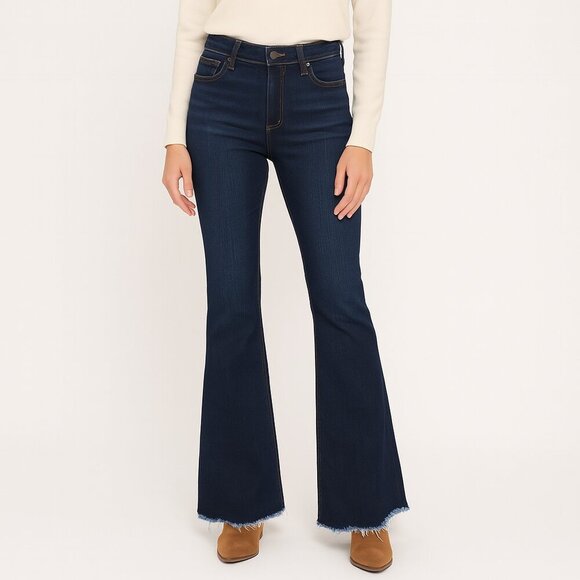 Judy Blue The Natalie High-Rise Flare Raw Hem Stretch Comfy Jeans Dark Blue 30 - Picture 1 of 16
